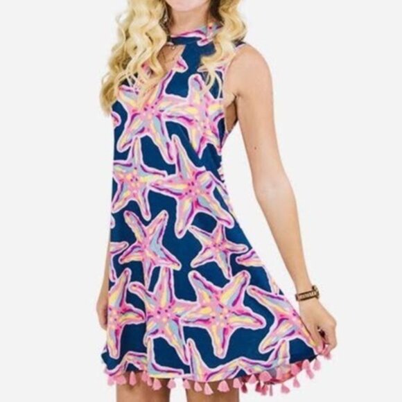 Simply Southern NWT Starfish Print Dress Tassels Pink Blue Small - Picture 1 of 10
